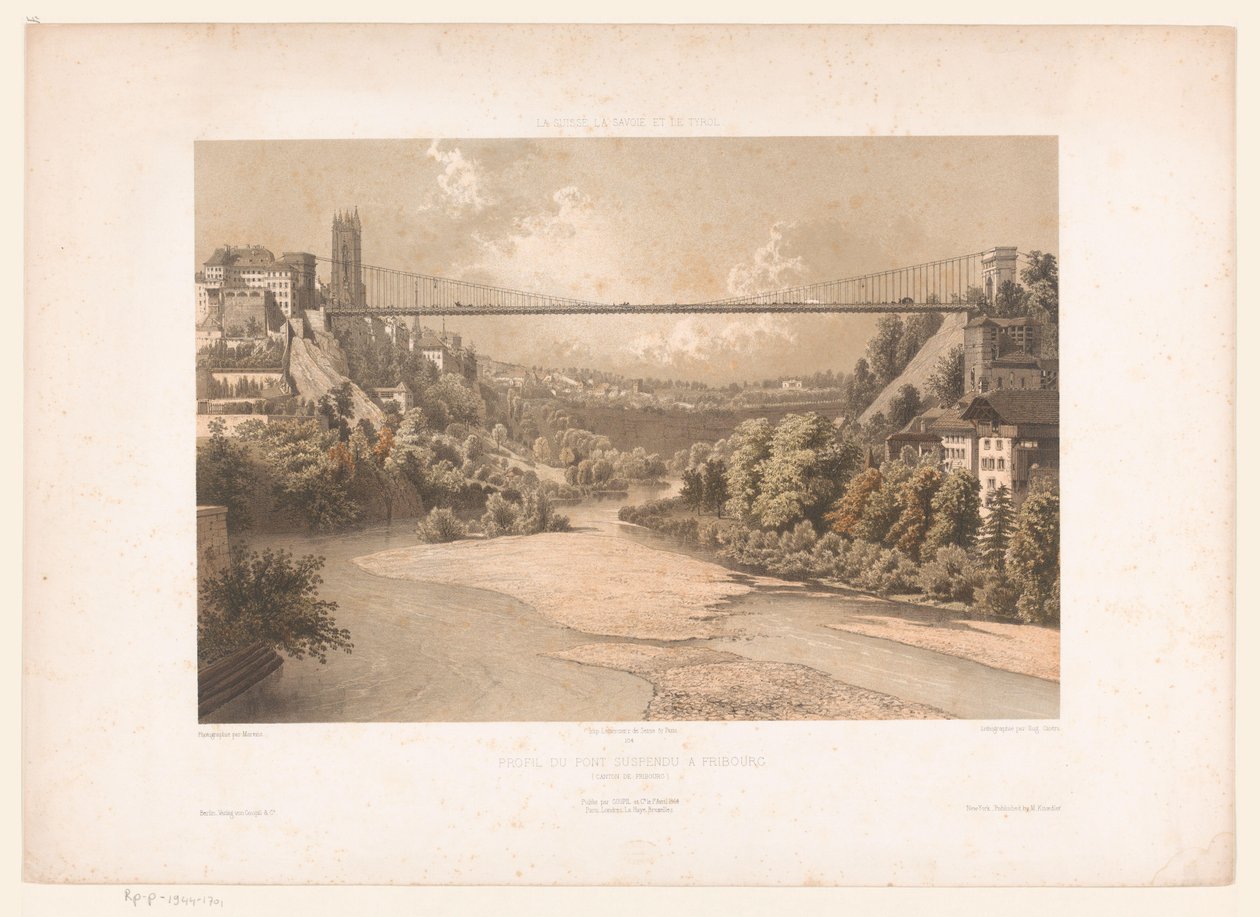 Gezicht op de hangbrug over de Sarine, te Fribourg door Eugene Ciceri