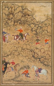 Jagen met valken in een landschap, Verso: Kalligrafie van Chaghatai Turkse gedichten..., ca. 1558-60