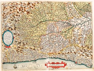 Pedemontanae Vicinorumque Regionum Auctore Iacobo Castaldo Descrip. Geografische kaart van het gebied van Italië van Monaco in Frankrijk tot Genua en langs de provincies Imperia de Savona en Genua uit 