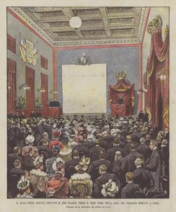 De hertog van de Abruzzi beschrijft zijn reis naar de Noordpool, in de zaal van het Collegio Romano, in Rome door Achille Beltrame