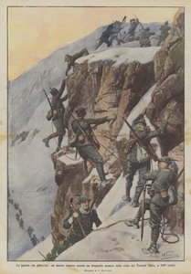 De oorlog op de gletsjers, een van onze eenheden valt een vijandelijke groep aan op de top van de Tuckett Spitz, op 3469 meter