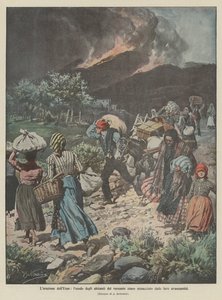 De uitbarsting van de Etna, de exodus van de bewoners van de Etna-flank bedreigd door de oprukkende lava