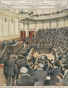 Heropening van het Italiaanse Parlement op de avond van 22 februari, juichen van het leger na succesvolle campagne in Libië, door Achille Beltrame, illustratie, Illustrator Achille Beltrame, uit La Domenica del Corriere, 3 maart 1912