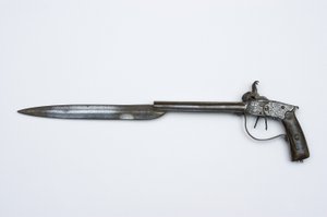 Dubbelgeweerde percussiepistool, ca. 1840 (staal, messing & hoorn)