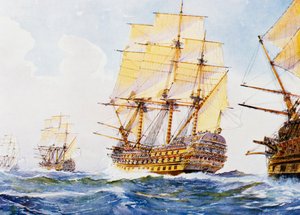 18e-eeuwse schepen in een enkele rij op stuurboord, aquarel door Albert Sebille (1874-1953), 20e eeuw