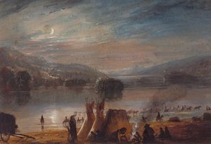 De rivier oversteken bij maanlicht, kamp maken, ca. 1858-60