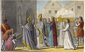 Philip III hield een plechtige dienst in de Notre-Dame en droeg de kist te voet naar Saint-Denis met de resten van Saint-Louis, het vlees en de ingewanden werden begraven nabij Palermo in Sicilië - Regering van Philip III van Frankrijk. Ceremonie