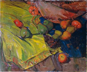 Stilleven met fruit op groen doek