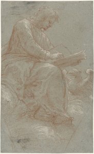 Schrijvende heilige Johannes op de wolken