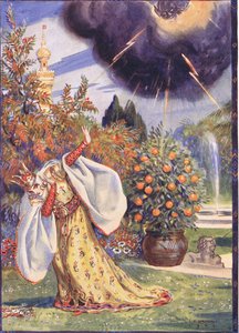 Een dikke wolk verscheen waaruit bliksemschichten schoten, scène uit Sucna Murga in Kinderverhalen uit Roemeense legenden door Moses Gaster (1856-1939) 1921