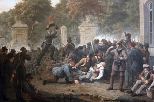 Revolutionaire barricade tegenover het Park van Brussel tijdens de gevechten tussen Belgische rebellen en Nederlandse troepen in 1830