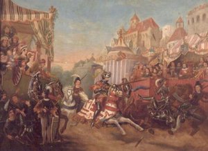 Toernooi in Calais in 1416, Richard, Graaf van Warwick, die Collard Fynes van zijn paard stoot
