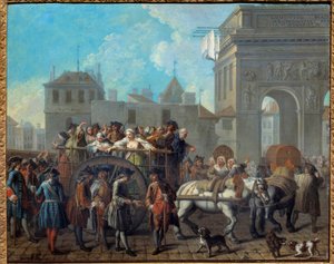 Het gedrag van de meisjes van plezier in de Salpêtrière, de doorgang bij de poorten van Saint Bernard. Het huidige Salpêtrière-ziekenhuis was oorspronkelijk een gevangenis en een hospice voor vrouwen. 1757