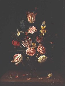 Tulpen, rozen, een iris en een narcis