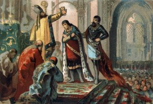Hugues Capet, koning van Frankrijk van 987 tot 996, maakt zijn zoon, de toekomstige Robert II de Vrome (972 - 1031), heilig door Adalberon, aartsbisschop van Reims, in de kathedraal van Orléans in 987.