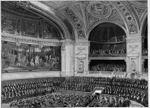 Inhuldiging van de nieuwe Sorbonne in 1889: het grote amfitheater tijdens de ceremonie.
