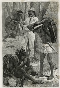 Les porters (caucheros), in Darien (regio van oostelijk Panama), gravure naar een tekening van D.Maillart, ter illustratie van het verhaal Exploration at the isthms of Panama and Darien, door A. Reclus, luitenant van schip, van 1876 tot 1878, gepubliceerd 