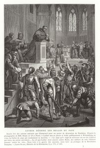 Maarten Luther verscheurt pauselijke bullen, Wittenberg, Duitsland, 1520