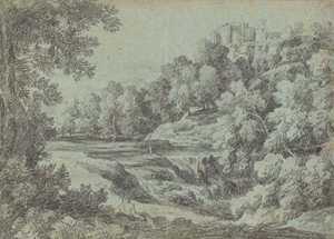 Italiaans Landschap met Vestingen en een Waterval