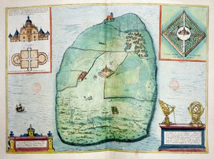 Het Kasteel en Observatorium van Uraniborg op het eiland Hven, Denemarken, gebouwd c.1584 door Tycho Brahe (1546-1601), uit Urbium Praecipuarum Mundi Theatrum Quintum, gepubliceerd Keulen, 1598