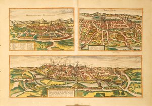 Kaart van Montpellier, Tours en Poitiers uit Civitates Orbis Terrarum door Georg Braun