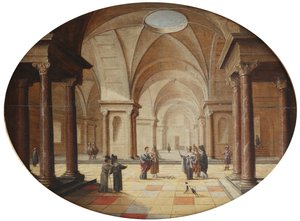 Een klassiek paleisinterieur met Mozes die de scepter van de farao in een slang verandert