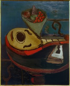 Stilleven: Mandoline en schaal met fruit op een tafel