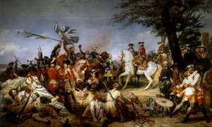 Oorlog van de Oostenrijkse Successie (1740-1748): De Slag bij Fontenoy 11/05/1745; de Maarschalk van Saksen presenteert de gevangenen en de Engelse vlaggen aan Lodewijk XV