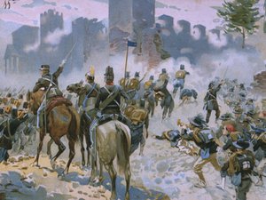 Slag bij Solferino en San Martino, 24 juni 1859, illustratie uit een album over de geschiedenis van Risorgimento gemaakt voor de chocolade Talmone, eind 19e eeuw