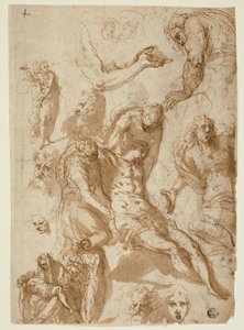 Schetsen voor een klaagzang en een Pietà, en van verschillende figuren, hoofden en een arm (recto); Schetsen van de dode Christus, en van verschillende figuren en hoofden (verso)