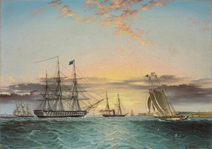 De U.S.S. Ohio op sleeptouw in de Lower Bay, New York met een uitzicht op Fort Hamilton