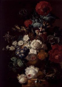 Stilleven met bloemen en een vogelnest
