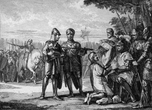 Slag bij Tertry, 687: winnaar van het leger van Neustrië, Pepijn de Jonge of Herstal (circa 653-714), prins van Austrasië, erkent de autoriteit van de koning van Neustrië Thierry III (657-691). Gravure door Jean Michel Moreau, genaamd Moreau le Jeune (1741