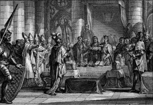 Opvolging van Lodewijk I de Vrome of de Goedmoedige, 816: de keizer van het Westen (778-840) voor de drie kronen die de verdeling van zijn rijk in drie koninkrijken symboliseren, elk voor een van zijn zonen (Lotharius, Pepijn, Lodewijk). Gravure door Jean 