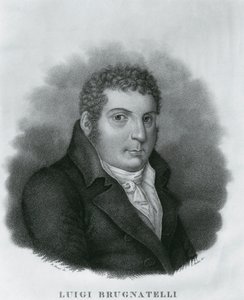 Portret van Luigi Valentino Brugnatelli (1761-1818), Italiaanse chemicus en uitvinder van galvaniseren, ets door Luigi Rados naar tekening van Roberto Focosi