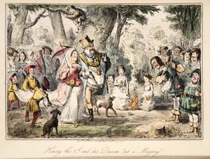 Hendrik VIII en zijn koningin op een meifeest, uit The Comic History of England, uitgegeven 1864 (handgekleurde ets)
