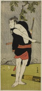 De acteur Ichikawa Komazo II als Ono Sadakuro in het toneelstuk Chuko Ryogoku Ori, opgevoerd in het Nakamura Theater in de zevende maand, 1790