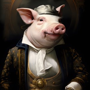 Koude en heerszuchtige antropomorfe varkensplantage-eigenaar, priemende ogen, dikke mollige lichaam, sigaar in de hand, exquise chique zuidelijke witte pak en vest, zakhorloge aan een ketting, monocle, witte vilthoed, close-up 3