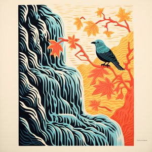 Ultra-minimalistische illustratie van een kleurrijke tropische vogel die op een vertakte plant zit voor een bergbeek met een mooie waterval 1