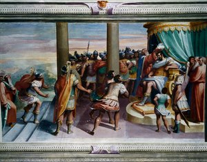 De Verkrachting van de Sabijnse Vrouwen, door Luca Cambiaso, fresco, Villa Imperiale, Genua, Ligurië, Italië (detail)