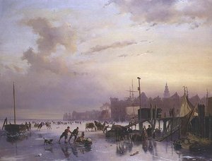 Een winter rivierlandschap met talrijke schaatsers
