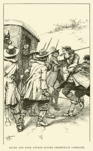 Allen en Hind vallen de koets van Oliver Cromwell aan (gravure)