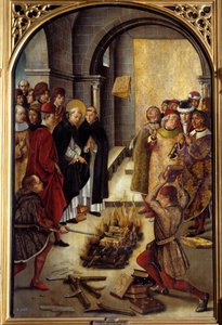Sint Dominicus en de Albigenzen (Het Wonder van Fanjeaux): de heilige geeft de Albigenzen het boek dat hun ketterij weerlegt en de Albigenzen proberen het te verbranden, zonder succes. Schilderij door Pedro Berruguete (1450-1504). 16e eeuw