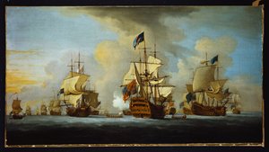 De Engelse vloot voor anker met het admiraalsschip dat signalen geeft aan de vice- en achteradmiraals van de witte en blauwe eskaders