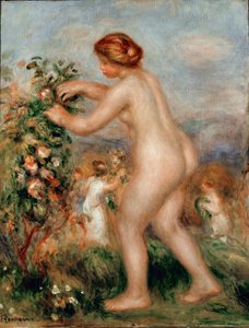 Ode aan bloemen. Naakte vrouw plukt rozen van een rozenstruik