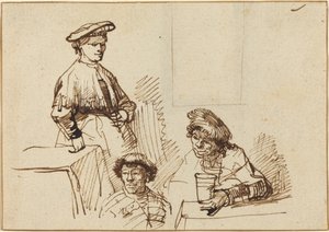 Schetsen uit een taverne: vrouw staand en twee mannen zittend