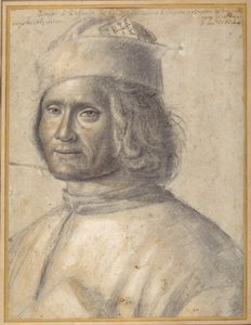 Borstbeeldportret van een bebaarde man met een pet, die een boek tegen zijn borst houdt, laat 15e tot begin 16e eeuw