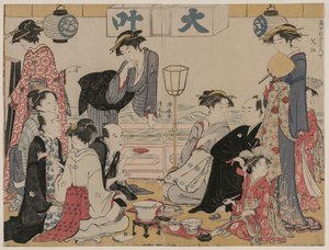 Vermaak op een balkon aan het water in Nakasu, uit de serie, Een verzameling mooie moderne vrouwen uit de plezierwijken