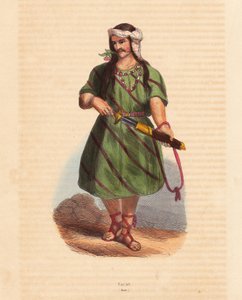 Man van de Karen stam (Karene of Karyang) (Birma, Myanmar) - Man van de Karen (Karian) stam uit Zuid-Birma - Handgekleurde houtsnede uit “Mores, Uses et Costumes de tous les Peoples du Monde, Asia,” door Auguste Wahlen, pseudoniem van Jean Francois Nicol