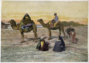 Tekes (Russische nomaden) en hun kamelen, eind 19e eeuw
